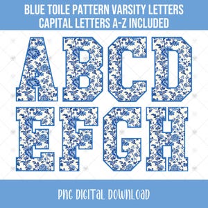 Letras universitarias de estilo universitario en azul de Toile, letras deportivas universitarias, paquete de alfabeto y números con motivos florales azules, archivos PNG