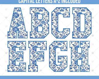 Trendy Blue Toile Varsity Letters, University Sports Letters Blue Floral Alphabet and Number Bundle PNG Files
