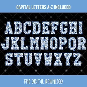 May include: Capital letters A-Z in a blue and white floral pattern.  The letters are outlined in white and have a blue background.  The letters are on a black background.  PNG digital download.
