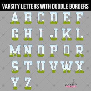K&ouml;nnte beinhalten: Vollst&auml;ndiges Alphabet von Varsity-Buchstaben mit Doodle-R&auml;ndern. Jeder Buchstabe ist mit einem Landschaftsdesign aus gr&uuml;nem Gras und blauem Himmel gef&uuml;llt. Die Buchstaben sind hellblau umrandet und vor einem grauen Hintergrund platziert. Der Text "VARSITY LETTERS WITH DOODLE BORDERS" steht oben.