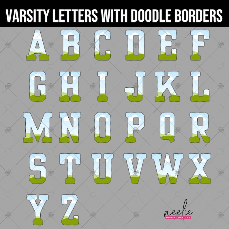 K&ouml;nnte beinhalten: Vollst&auml;ndiges Alphabet von Varsity-Buchstaben mit Doodle-R&auml;ndern. Jeder Buchstabe ist mit einem Landschaftsdesign aus gr&uuml;nem Gras und blauem Himmel gef&uuml;llt. Die Buchstaben sind hellblau umrandet und vor einem grauen Hintergrund platziert. Der Text "VARSITY LETTERS WITH DOODLE BORDERS" steht oben.