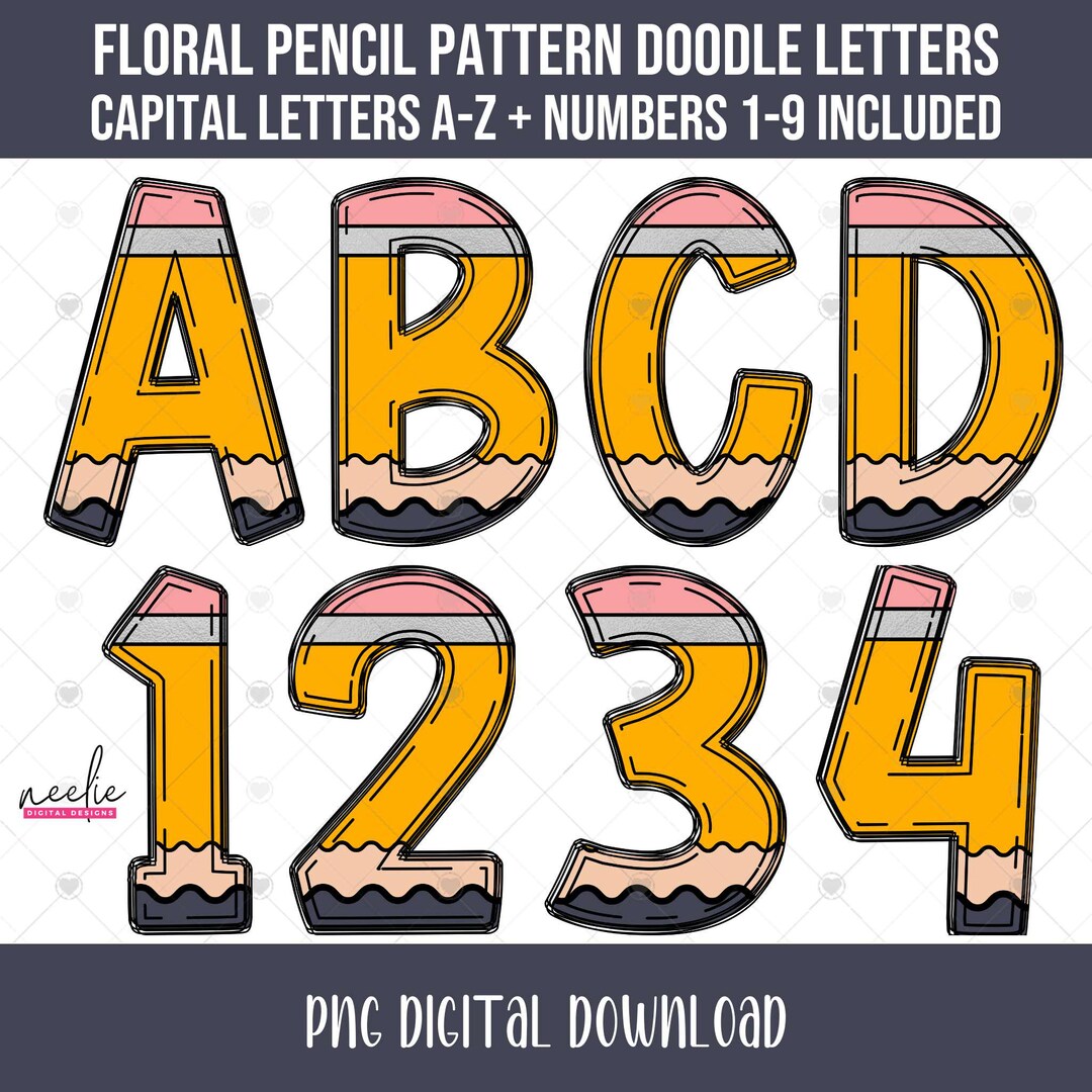 Pencil Doodle Alphabet & Numbers PNG Bundle, Teacher Back to School ...