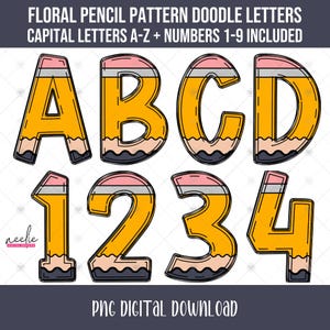 Pencil Doodle Alphabet & Numbers PNG Bundle, Teacher Back to School Doodle Letter PNG Files, Trendy Alphabet Clipart Digital Download