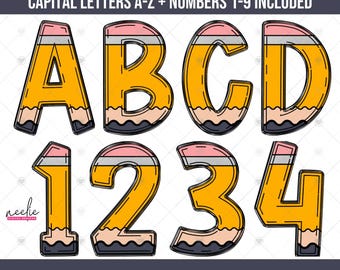 Pencil Doodle Alphabet & Numbers PNG Bundle, Teacher Back to School Doodle Letter PNG Files, Trendy Alphabet Clipart Digital Download