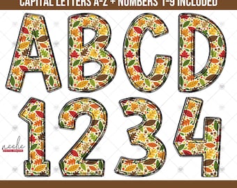 Può includere: Design digitale con lettere maiuscole A, B, C, D e numeri 1, 2, 3, 4. Le lettere e i numeri sono riempiti con un motivo di foglie autunnali nei toni dell'arancione, giallo e verde, delineati in nero.
