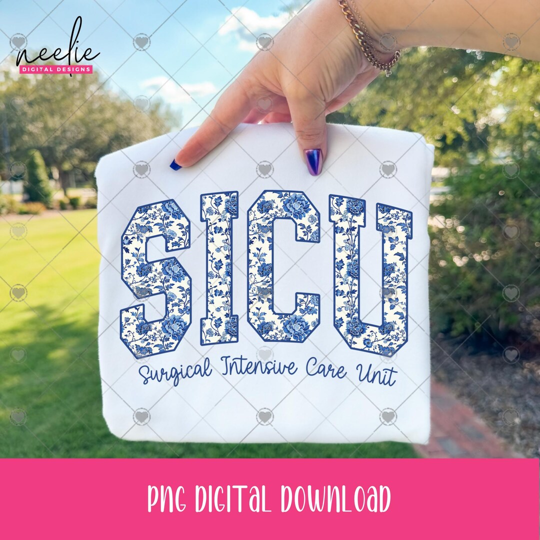 SICU Nurse Blue Floral PNG File, Blue Toile Varsity Letter Design for ...