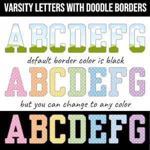 K&ouml;nnte beinhalten: Das Bild zeigt Varsity-Buchstaben A bis G mit Kritzelbord&uuml;ren. Die oberste Reihe hat ein Himmel- und Grasdesign. Die mittlere Reihe zeigt Buchstaben mit Punkten in Rosa, Orange, Gelb, Gr&uuml;n, Blau und Lila.