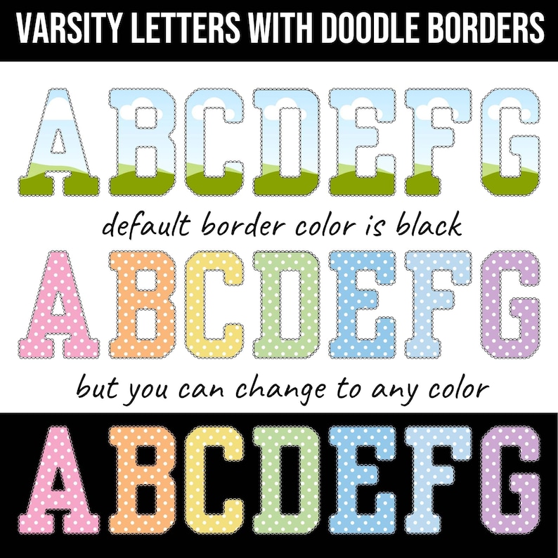 K&ouml;nnte beinhalten: Das Bild zeigt Varsity-Buchstaben A bis G mit Kritzelbord&uuml;ren. Die oberste Reihe hat ein Himmel- und Grasdesign. Die mittlere Reihe zeigt Buchstaben mit Punkten in Rosa, Orange, Gelb, Gr&uuml;n, Blau und Lila.