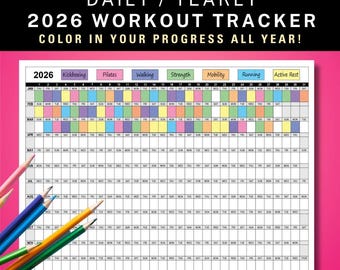 2026 Workout Tracker Daily Yearly Calendar, Coloring Exercise Log, Habit Tracker, Color-in Yearly Fitness Calendar, Work Out Fitness Planner