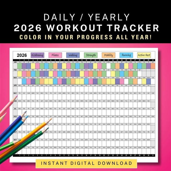 2026 Workout Tracker Daily Yearly Calendar, Coloring Exercise Log, Habit Tracker, Color-in Yearly Fitness Calendar, Work Out Fitness Planner