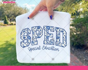 SPED Special Education PNG, Floral Varsity Letter Design for Special Education Teacher Team Sublimation Shirt Digital Download Clipart