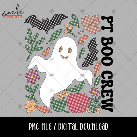 PT Boo Crew PNG file, Halloween Polka Dot Ghost and Flowers Clipart for Physical Therapy Therapist Team Matching Shirt Sublimation PNG