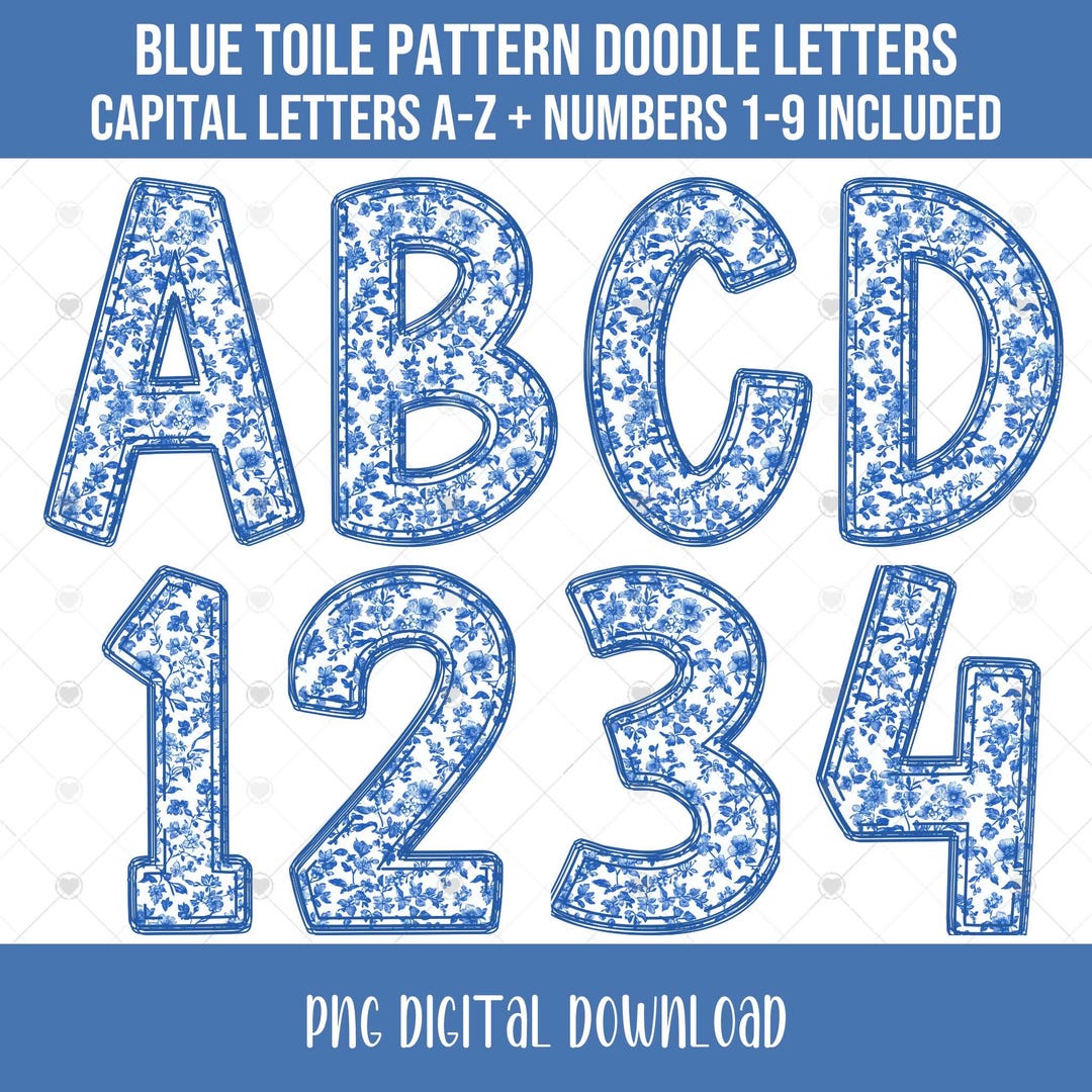 Blue Toile Doodle Alphabet and Numbers PNG Bundle, Blue Floral Doodle ...