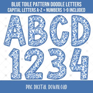 Blue Toile Doodle Alphabet and Numbers PNG Bundle, Blue Floral Doodle Letter PNG Files, Trendy Floral Alphabet Clipart Digital Download