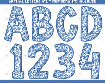 Blue Toile Doodle Alphabet and Numbers PNG Bundle, Blue Floral Doodle Letter PNG Files, Trendy Floral Alphabet Clipart Digital Download