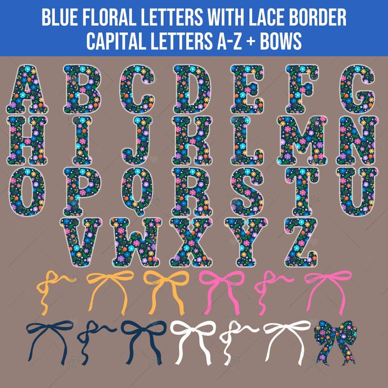 Blue Floral Print With Lace Borders PNG Alphabet Bundle, Trendy ...
