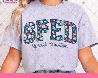 SPED Special Education PNG, Floral Varsity Letter Design for Special Education Teacher Team Sublimation Shirt Digital Download Clipart