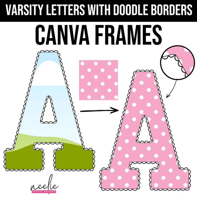 K&ouml;nnte beinhalten: Zwei Versionen des Buchstabens "A" mit Kritzelbord&uuml;ren werden gezeigt. Eine ist mit einer Landschaftsszene gef&uuml;llt, die andere ist rosa mit wei&szlig;en Tupfen. Der Text "CANVA FRAMES" wird &uuml;ber den Buchstaben angezeigt.