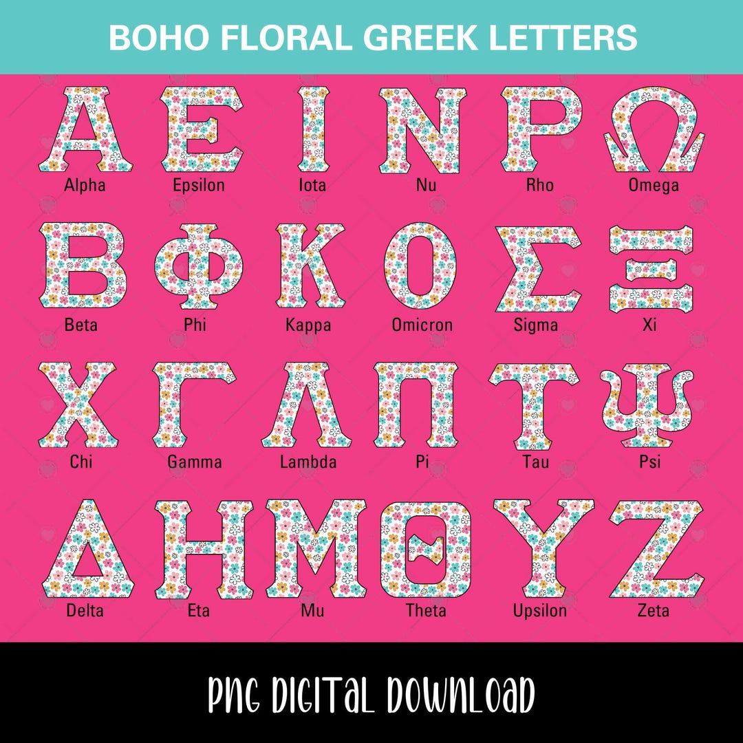 Floral Greek Letters Alphabet PNG Bundle, Trendy Boho Flowers College ...