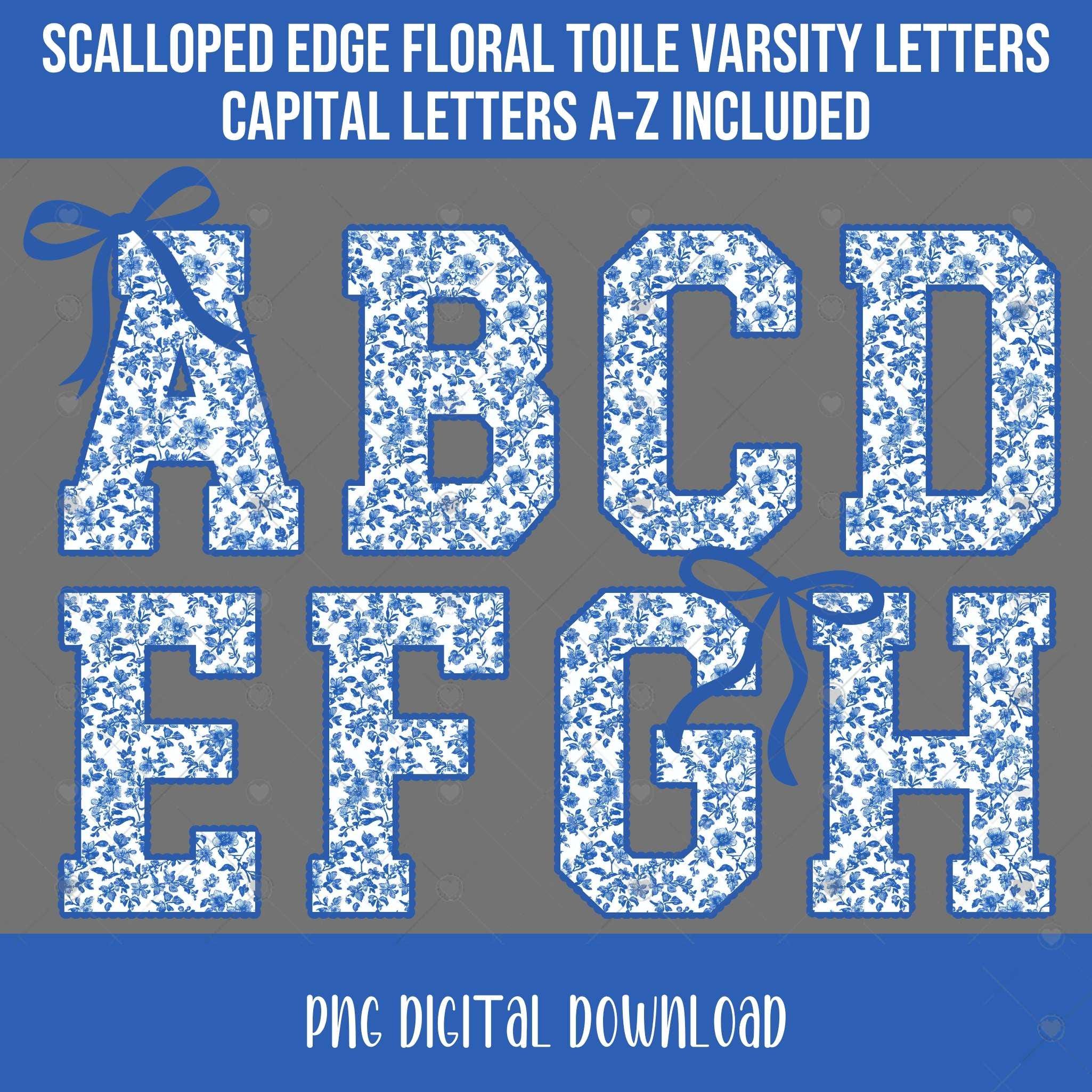 Blue Floral Toile Varsity Letters With Scalloped Edges, Alphabet PNG ...