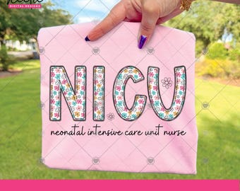 NICU Boho Floral Letters PNG file, Retro Flower Doodle Letter Design for Neonatal Intensive Care Unit Nurse, Sublimation PNG for Nurse Shirt