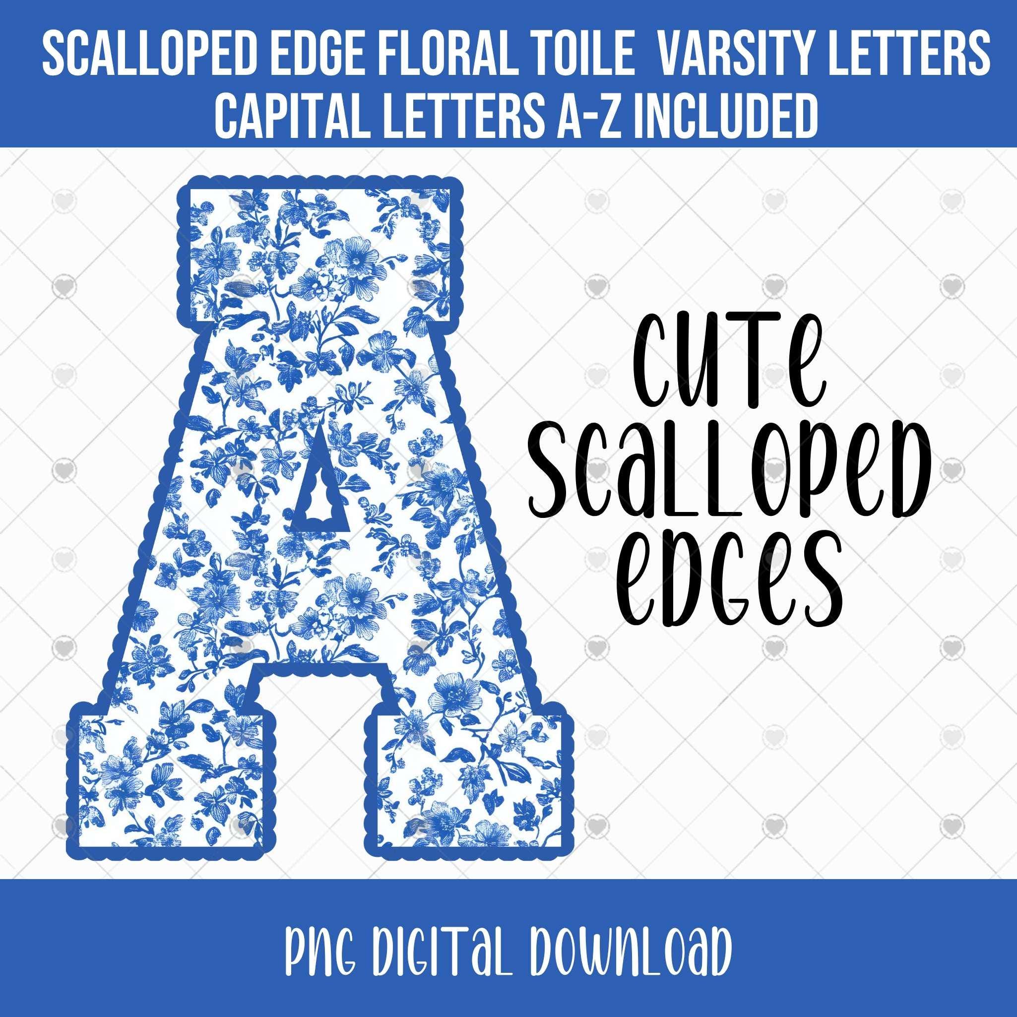 Blue Floral Toile Varsity Letters With Scalloped Edges, Alphabet PNG ...