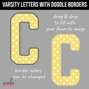K&ouml;nnte beinhalten: Zwei gelbe Varsity-Buchstaben "C" mit wei&szlig;en Tupfen und schwarzen Doodle-R&auml;ndern. Der Text "Drag & Drop, um mit Ihrem Lieblingsbild zu f&uuml;llen" und "Rahmenfarben k&ouml;nnen ge&auml;ndert werden" sind ebenfalls vorhanden.