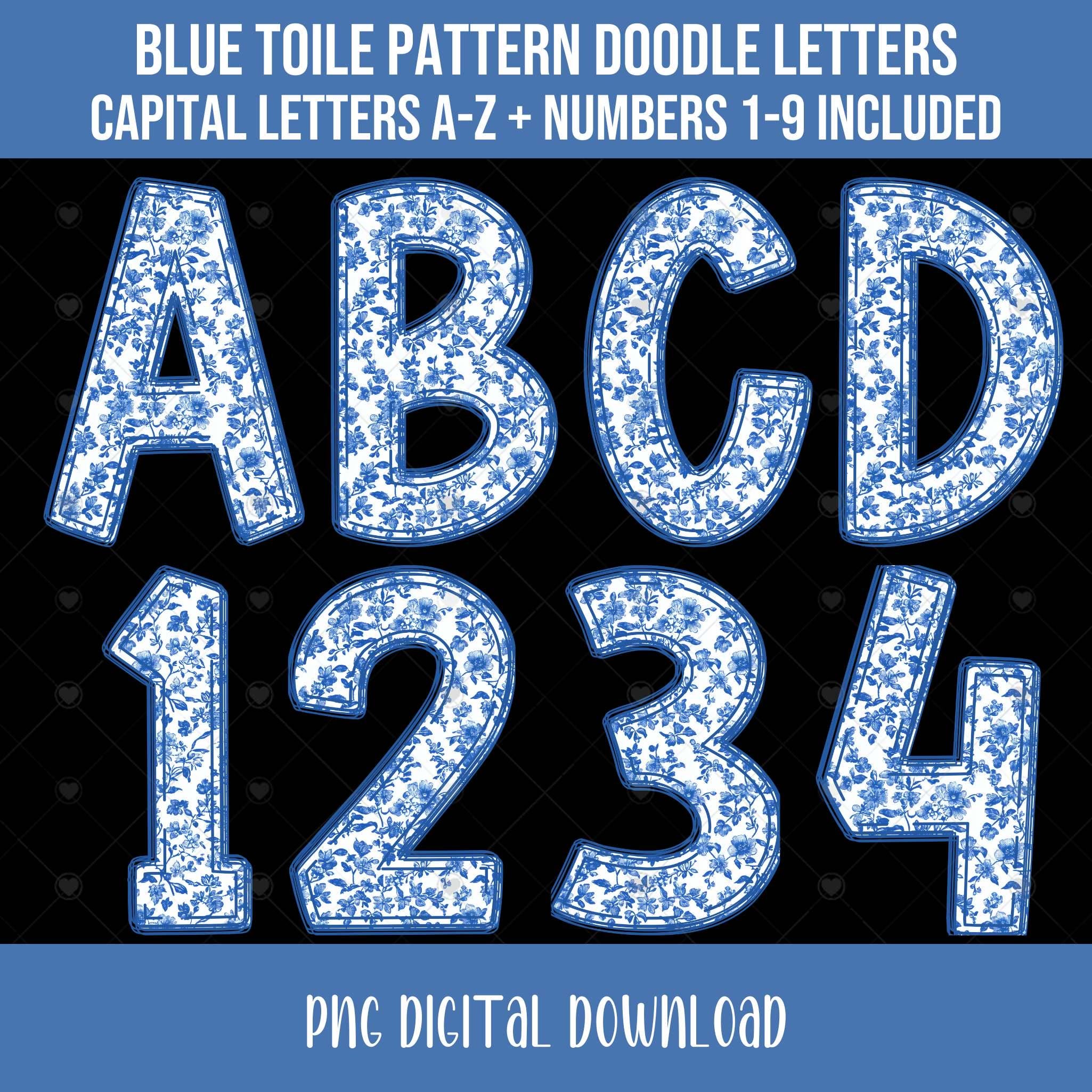 Blue Toile Doodle Alphabet and Numbers PNG Bundle, Blue Floral Doodle ...