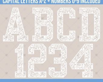 Letras universitarias de encaje, letras deportivas universitarias blancas de moda, alfabeto floral retro y paquete de números en formato PNG.