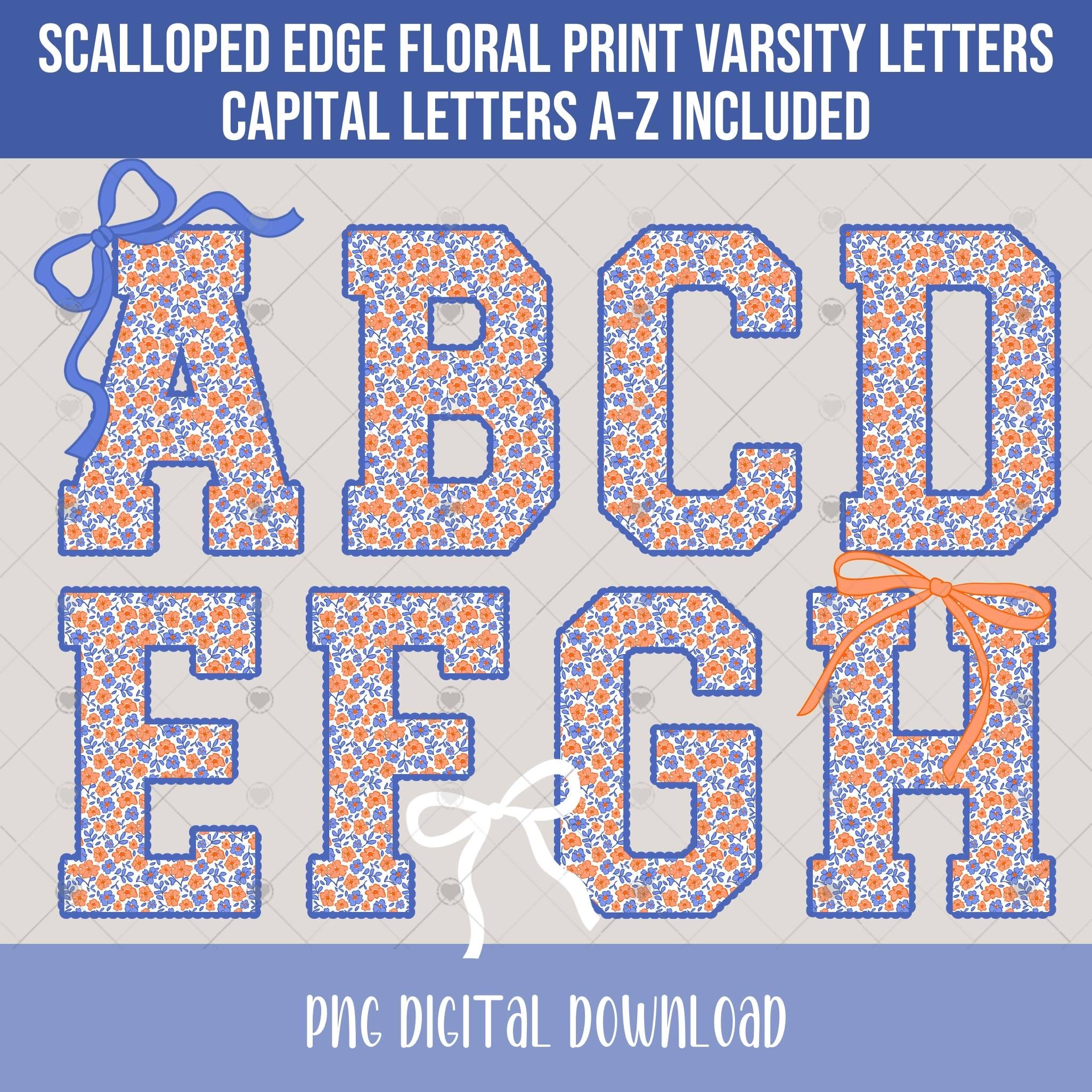 Floral Varsity Letters Alphabet PNG, Scalloped Edge Blue and Orange ...