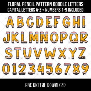 Pencil Doodle Alphabet & Numbers PNG Bundle, Floral Teacher Back to School Doodle Letter PNG Files, Trendy Alphabet Clipart for Sublimation