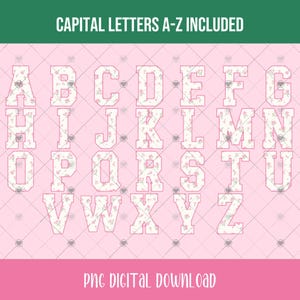 May include: A full alphabet of capital letters, A through Z, each with a floral pattern. The letters are white with a pink and green floral design. The background is pink with a diamond pattern and the text "CAPITAL LETTERS A-Z INCLUDED" and "PNG DIGITAL DOWNLOAD".