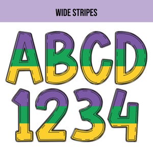 May include: Wide striped letters A, B, C, D, 1, 2, 3, and 4 in purple, green, and yellow. The letters are outlined in black.