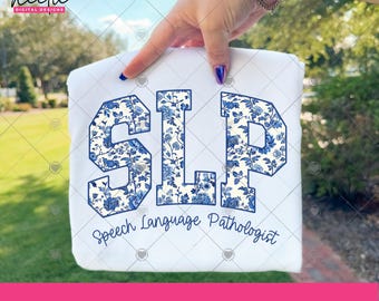 SLP Speech Language Pathologist PNG Floral Varsity Letter Design for Speech Therapist Sublimation Shirt Digital Download Clipart
