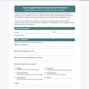 Op de afbeelding: Een wit NeuroToggle Behavior Replacement werkblad met blauwgroene koppen. Het bevat secties voor leerlinginformatie, datum, doelgedrag en Stap 1: Identificeren, met lege regels om in te vullen en selectievakjes voor veiligheid, leren, communicatie en onafhankelijkheid.