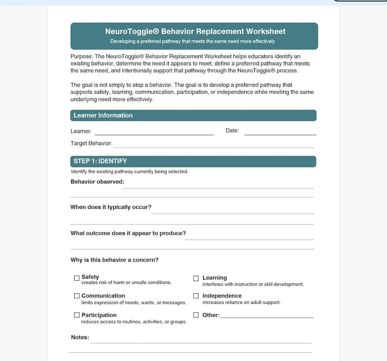 Op de afbeelding: Een wit NeuroToggle Behavior Replacement werkblad met blauwgroene koppen. Het bevat secties voor leerlinginformatie, datum, doelgedrag en Stap 1: Identificeren, met lege regels om in te vullen en selectievakjes voor veiligheid, leren, communicatie en onafhankelijkheid.