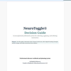 Op de afbeelding: Een wit document getiteld NeuroToggle Decision Guide, een op neuroplasticiteit gebaseerd systeem voor het selecteren, toepassen en verfijnen van instructie. Het bevat een doelstelling, een werkboek voor docenten en auteur Kimberly Kitzerow.