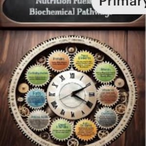 May include: A wooden clock with a gear design, featuring a central clock face with Roman numerals and hands pointing to 2:10. The clock is surrounded by colorful gears labeled with nutritional terms. Above the clock is a chalkboard with the text "Nutrition Fuels Biochemical Pathways."