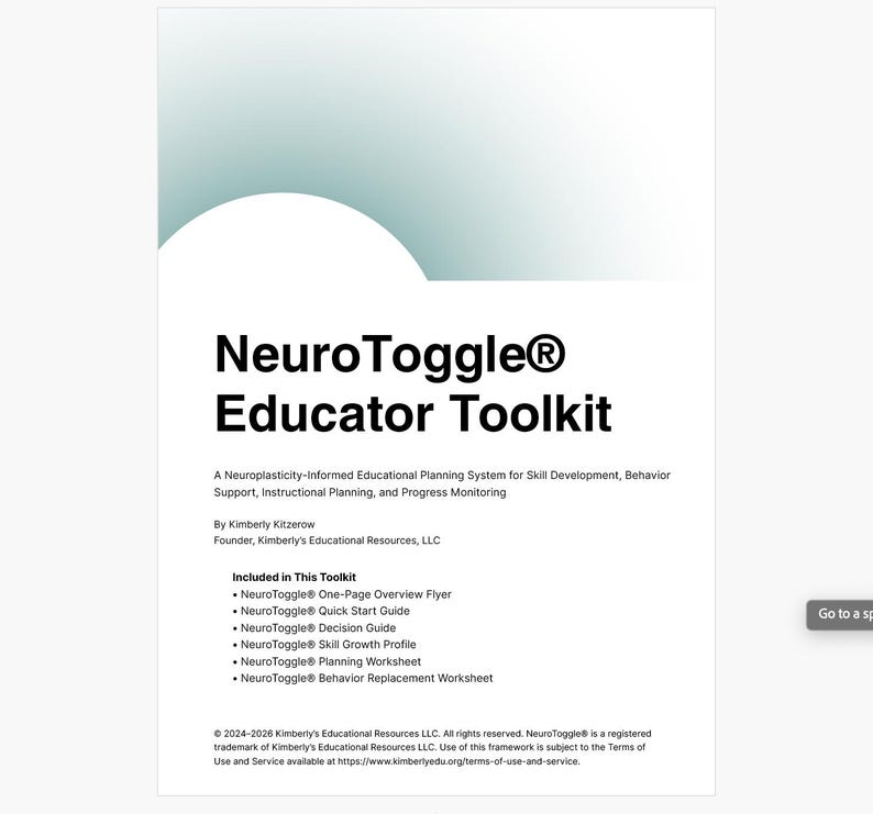 Op de afbeelding: Een wit document getiteld NeuroToggle Educator Toolkit, met een groenblauwe gradi&euml;ntboog aan de bovenkant. Het bevat onderdelen zoals een overzichtsflyer, een snelstartgids, een beslissingsgids, een vaardigheidsgroeiprofiel, een planningswerkblad en een werkblad voor gedragsvervanging.