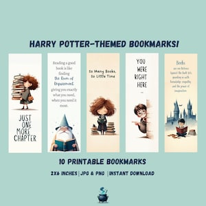 May include: Ten printable Harry Potter themed bookmarks featuring illustrations of characters and quotes. The bookmarks are 2x6 inches and are available in JPG and PNG formats.