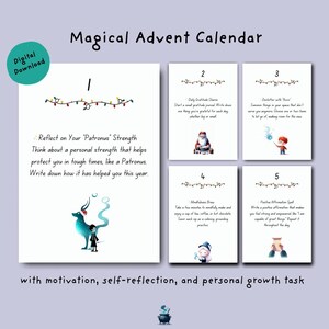 May include: A digital printable advent calendar with a magical theme. Each day features a different self-reflection or personal growth task, illustrated with a whimsical character. The calendar includes tasks like reflecting on your Patronus strength, practicing mindfulness, and writing positive affirmations.