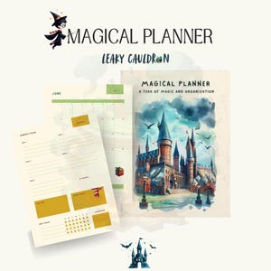 Peut inclure: Un planificateur magique avec une illustration aquarelle du château de Poudlard. Le planificateur comprend un calendrier mensuel, une section pour les objectifs mensuels et un suivi des habitudes. Le texte sur la couverture indique "Magical Planner, A Year of Magic and Organization, Leaky Cauldron".