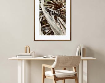 Arte de parede abstrata com elementos da natureza, decoração com trepadeiras e árvores, impressão de folhas de palmeira, download instantâneo.