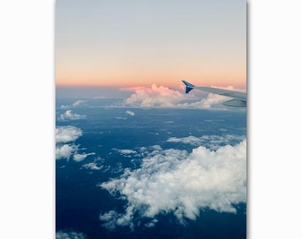 Impressão de asa de avião ao pôr do sol, decoração com fotografia do céu (download digital)