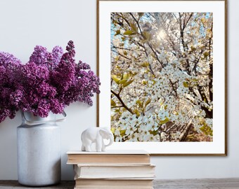 Impressão de árvore com flores brancas, arte de parede com tema floral e natural (download digital)