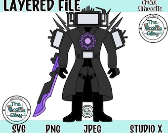 May include: A black and purple digital character with a large screen head, wearing a long black coat and holding a purple sword. The character is standing on a white background with the text "LAYERED FILE" and "Cricut Silhouette" at the top.