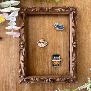 May include: A brown, ornate picture frame with three decorative pins attached to the wooden backing. The pins include a frog, a cat in a teacup, and a sardine can. The frame is surrounded by greenery and flowers.