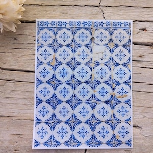 Blue Antique Tile Clay Transfer Sheet -| Water-Soluble Transfer Paper for Polymer Clay Earrings - Portuguese Tile Design - 120x9mm