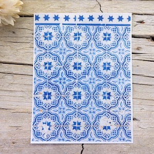 Blue Stars Old Tile Clay Transfer Sheet - Water-Soluble Transfer Paper for Polymer Clay Earrings - Portuguese Tile Pattern - 120mm x 90mm