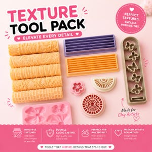 Kit de Ferramentas de Textura para Argila Polimérica | 5 Rolos de Textura + Cortadores + Marcador de Página + Molde de Silicone | Kit Inicial para Argila | Ferramentas para Cerâmica